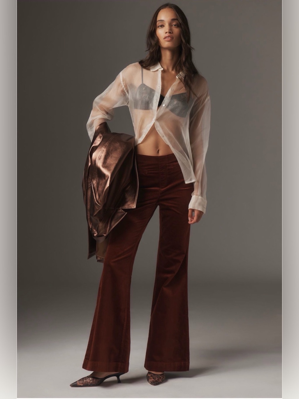 Pilcro Pull-On Mid-Rise Retro Flare Velvet Jeans | Chestnut | Size 28